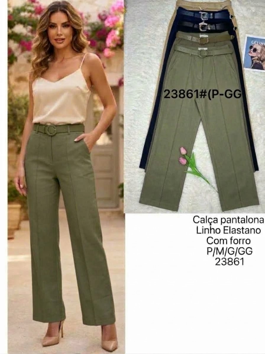 Calça Pantalona em Linho com Elastano